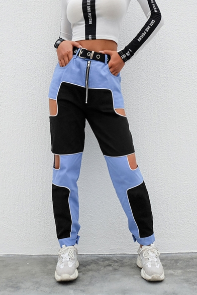 Womens Summer High Waist Zippered Up Color Block Hollow Pockets Cuffed Casual Tapered Pants