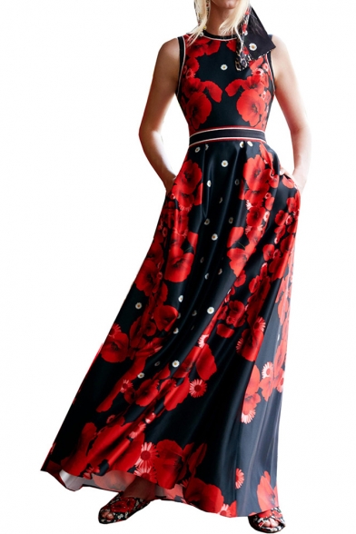 Womens Summer Modest Round Neck Sleeveless Floral Print A-Line Maxi Dress