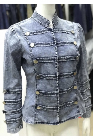 Womens Unique Light Blue Bleached Double-Breasted Denim Jacket