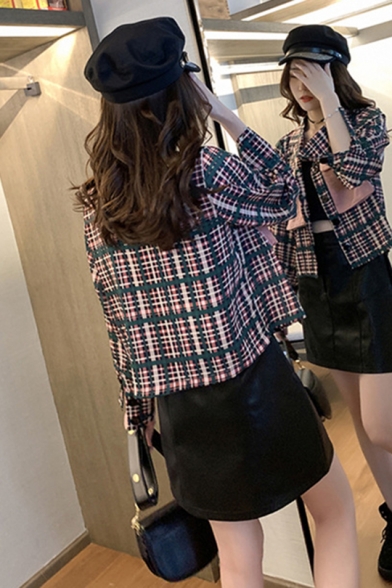 Womens Vintage Green Plaid Printed Long Sleeve Notched Lapel Collar Button Down Short Jacket