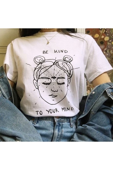 BE KIND TO YOUR MIND Letter Girl Head Printed White Funny Tee