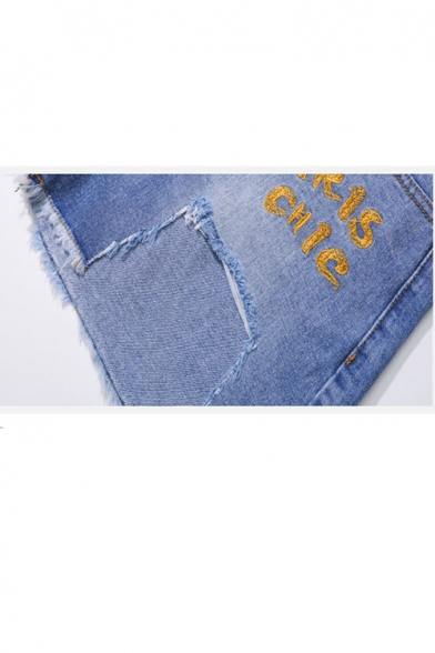 Blue High Waist CHIRIS CHIC Letter Embroidery Asymmetric Tassel Hem Denim Shorts