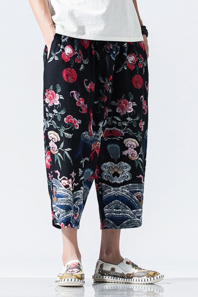 Chinese Style Unique Printed Loose Fit Casual Cropped Wide Leg Pants