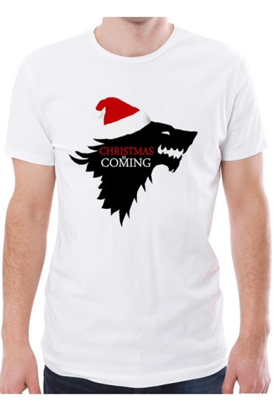 Christmas Is Coming Wolf Printed White Short Sleeve T-Shirt