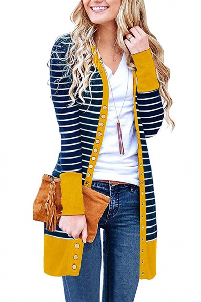 Classic Stripes Contrast Panel Single Breasted Long Sleeve Longline Open Front Coat