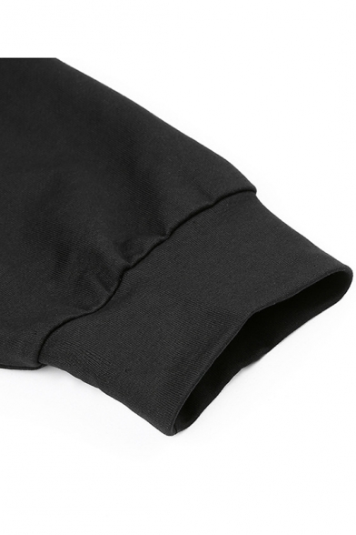 Cool Punk Style Black Letter Strap Chain Embellished Cold Shoulder Long Sleeve Crop Hoodie