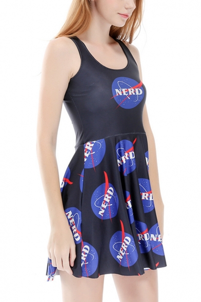 Cool Unique NERD Logo Printed Scoop Neck Sleeveless Mini Tank Dress