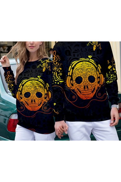 Couple 3D Skull with Earphone Printed Long Sleeve Round Neck Black Casual Pullover Sweatshirt