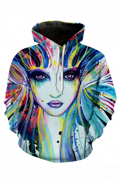 Creative Fashion Colored Face 3D Printed Blue and White Long Sleeve Loose Drawstring Hoodie