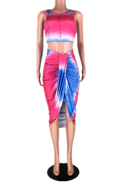 Fashion Light Blue Tie Dye Crop Tank Top with Maxi Twist Skirt Two-Piece Set