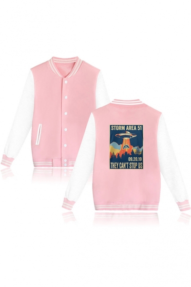 Fashion Storm Area UFO Printed Rib Stand Collar Long Sleeve Button Down Baseball Jacket