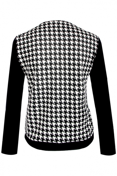 Female Fashion Houndstooth Panel Fitted Zip Up Black Jacket Coat with Pockets