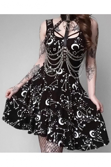 Girls Cool Gothic Style Black Moon Printed Scoop Neck Sleeveless Mini A-Line Tank Dress