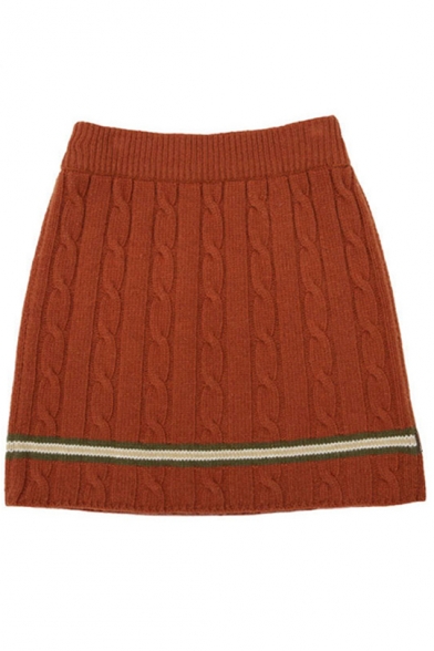 Girls Vintage High Rise Striped Trim Cable Knitted Mini Fitted Skirt