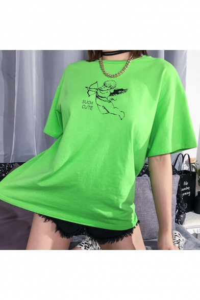 

Green Round Neck Short Sleeve SUCH CUTE Letter Angel Baby Printed Loose T Shirt, LM552612
