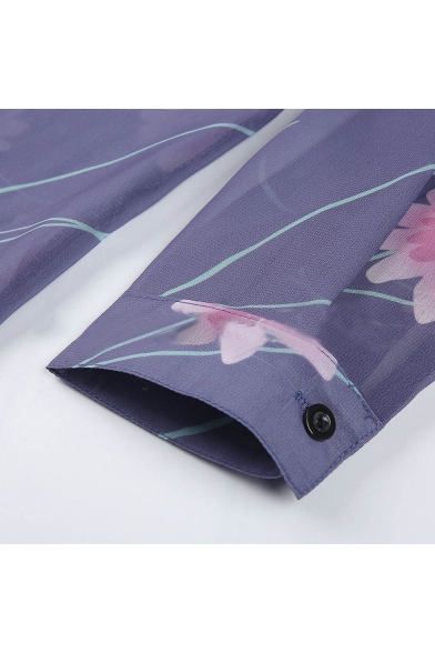 Hot Fashion Long Sleeve Lapel Collar Floral Print Button Down Chiffon Purple Shirt