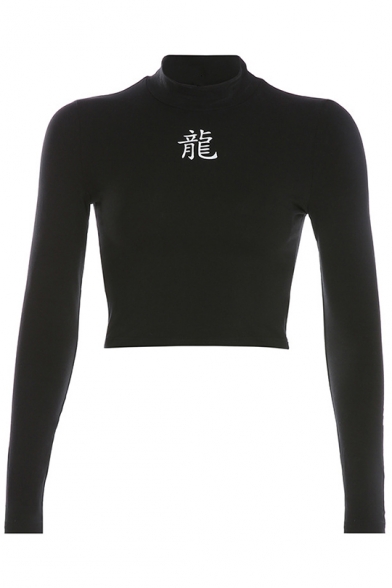 Hot Popular Black Long Sleeve High Neck Dragon Printed Slim Fit Crop T-Shirt