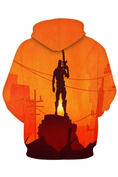 Hot Popular Game Theme Figure 3D Printed Long Sleeve Orange Loose Drawstring Hoodie