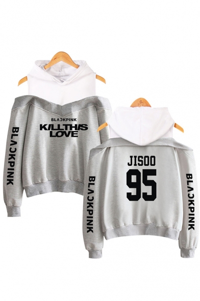 KILL THIS LOVE Letter Printed Long Sleeve Cold Shoulder Fashion Hoodie