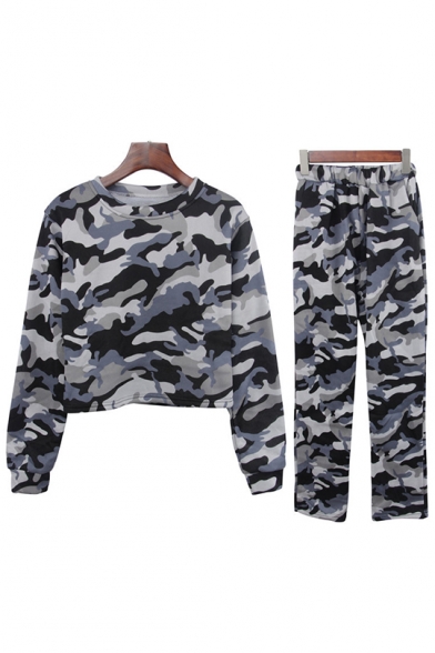 Ladies Camouflage Printed Long Sleeve Round Neck Crop Tops with Sport Elastic Loose Pants Co-ords