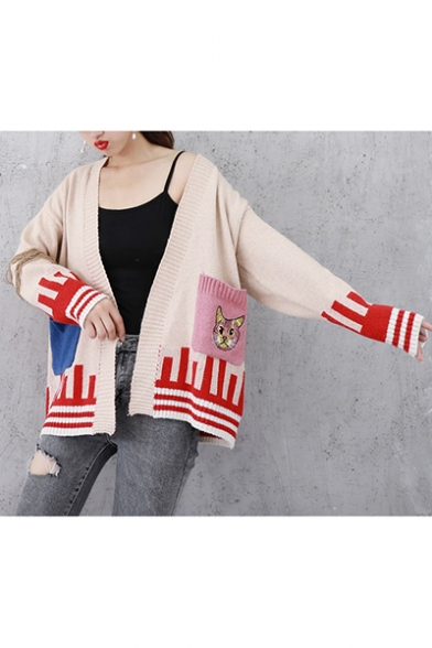 Ladies Campus Style Cat Patchwork Print Loose Long Sleeve Open Front Cardigan Coat