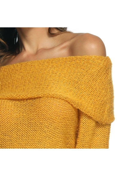 Ladies Sexy Plain Off the Shoulder Flared Sleeve Loose Knitted Sweater