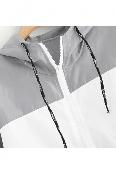 Ladies Trendy Geometric Contrast-Panel Drawstring at Hood Long Sleeve Zipper Sport Jacket Coat