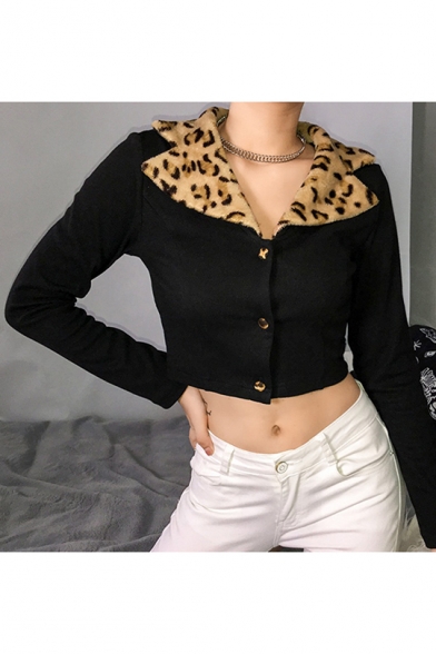 Leopard Print Notched Lapel Collar Button Front Long Sleeve Cropped Black Sweatshirt