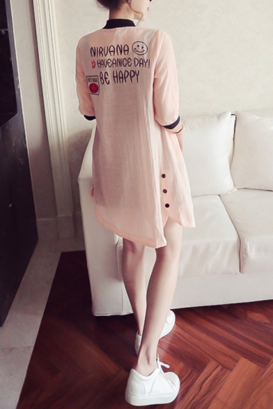 Letter Smile Face Pattern Printed Half Sleeve Longline Sunscreen Trench Coat for Lady