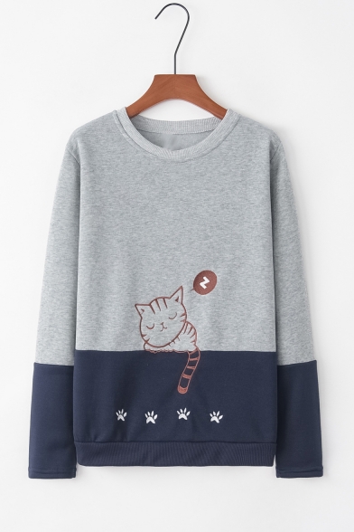 Long Sleeve Round Neck Colorblock Patch Cat Footprint Embroidered Straight Sweatshirt