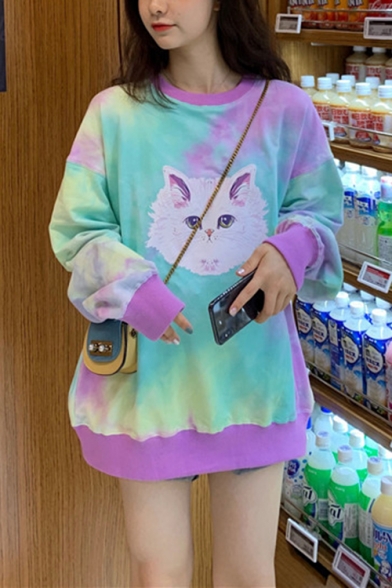 Lovely Cat Print Round Neck Long Sleeve Tie-Dyed Loose Pullover Sweatshirt