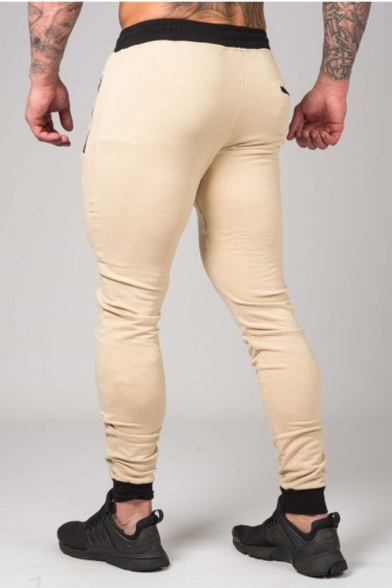 Men's Basic Fashion Solid Color Zipped Pocket Drawstring Waist Skinny Cotton Muscle Pencil Pants