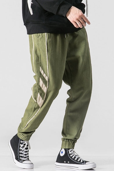 Men's Hot Fashion Contrast Stripe Side Drawstring Waist Elastic Cuff Army Green Tapered Track Pants