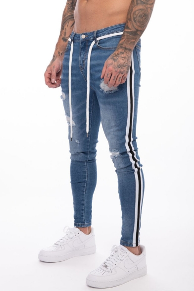 Men's Hot Fashion Contrast Stripe Side Slim Fit Distressed Ripped Jeans