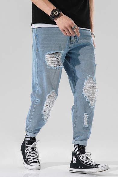Men's Hot Fashion Simple Plain Light Blue Cool Distressed Ripped Tapered Jeans