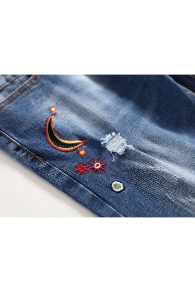 Men's New Fashion Embroidered Blue Stretched Slim Fit Acid Wash Jeans