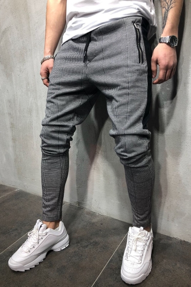 Men's New Fashion Stripe Plaid Pattern Zipped Pocket Drawstring Waist Casual Slim Pencil Pants