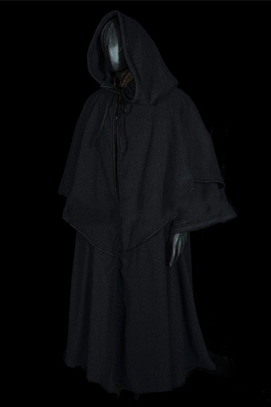 Men's New Stylish Vintage Cosplay Costume Simple Plain Black Hooded Cape Cloak Coat