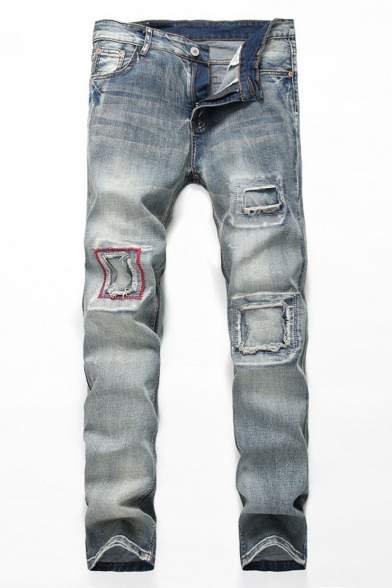 Men's Popular Fashion Contrast Embroidery Patch Slim Fit Vintage Ripped Jeans