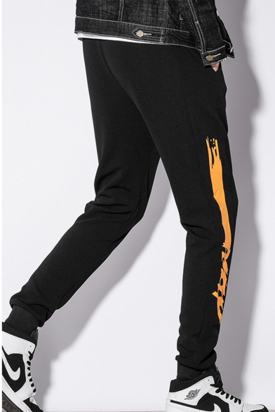 Men's Popular Fashion Contrast Painting Letter Printed Drawstring Waist Black Casual Sports Track Pants