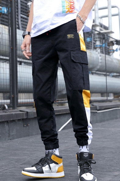 Men's Popular Fashion Contrast Stripe Side Flap Pocket Drawstring Waist Elastic Cuffs Street Trendy Cargo Pants