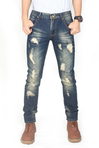 Men's Popular Fashion Vintage Acid Wash Blue Distressed Ripped Jeans