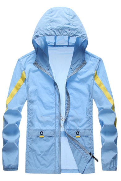 Men's Popular Stripes Side Print Hooded Zip Up Sun Protection Sports Jacket Coat