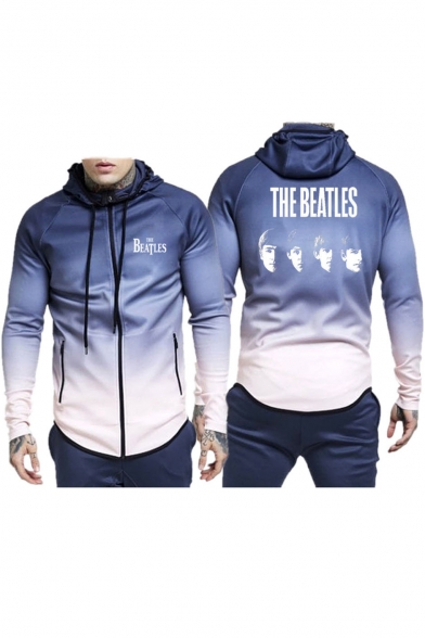 Men's Stylish THE BEATLES Letter Figure Ombre Print Long Sleeve Hooded Zip Up Sports Bomber Jacket