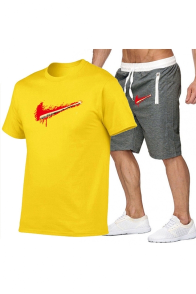 Mens Cool Blood Logo Printed Casual T-Shirt Loose Shorts Sport Two-Piece Set