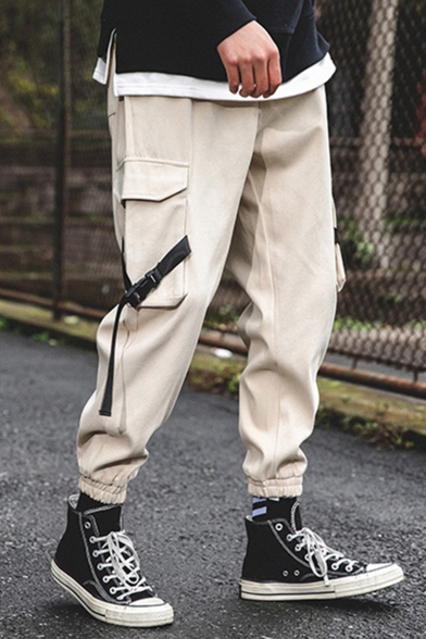 Mens Cool Fashion Graphic Label Patch Buckle Strap Embellished Flap Pocket Side Loose Fit Drawstring Sports Cargo Pants