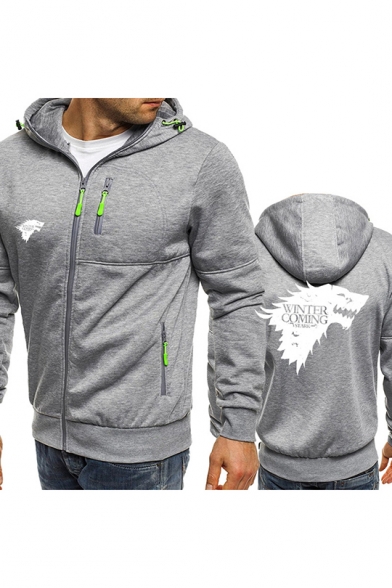 Mens Fashion Winter Is Coming Wolf Head Printed Long Sleeve Zip Up Fitted Hoodie