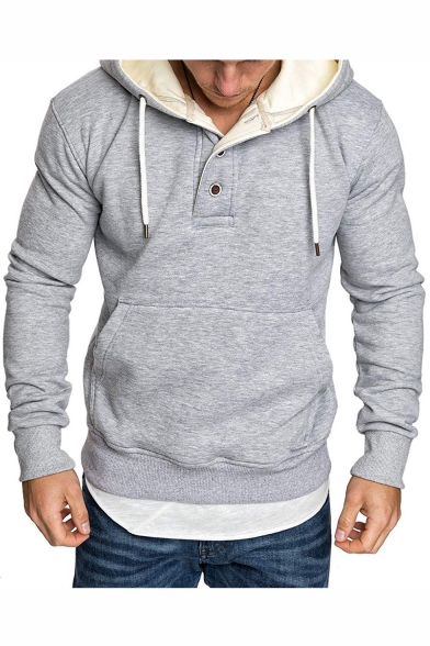 Mens New Fashion Button Embellished Front Simple Plain Long Sleeve Slim Fitness Casual Sports Hoodie