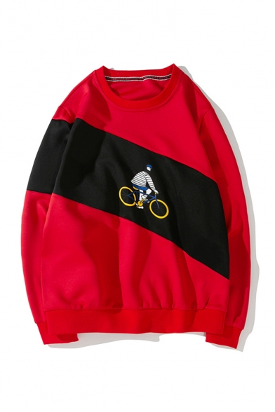 Mens New Fashion Colorblock Bicycle Figure Pattern Round Neck Long Sleeve Casual Sweatshirts