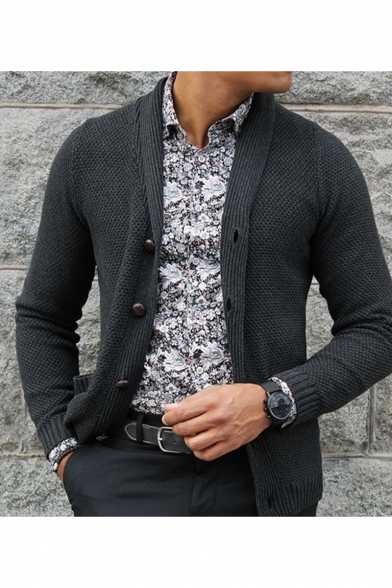 Mens New Stylish Simple Solid Color Long Sleeve Button Front Cardigan Knitwear
